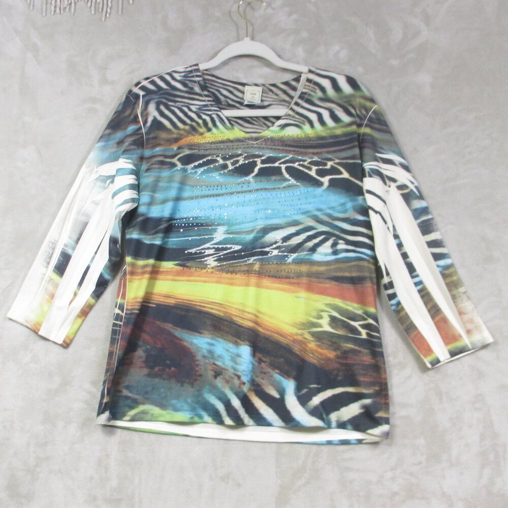 Jess & Jane Abstract Embellished Stretch Top Multicolor 3/4 Sleeve Size M